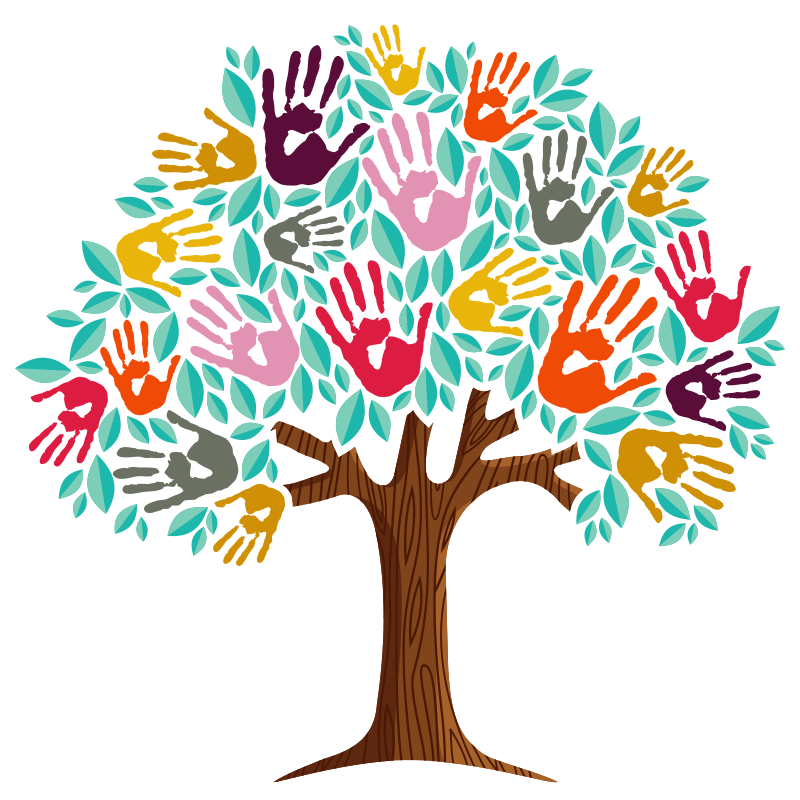 Illustration eines Baumes mit grünen Blättern auf dem bunte Handabdrücke angeordnet sind.